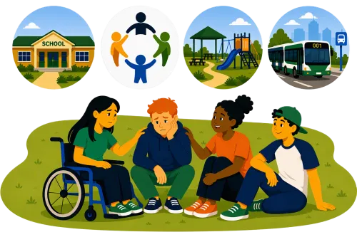 Four young people sitting down discussing issues with public services